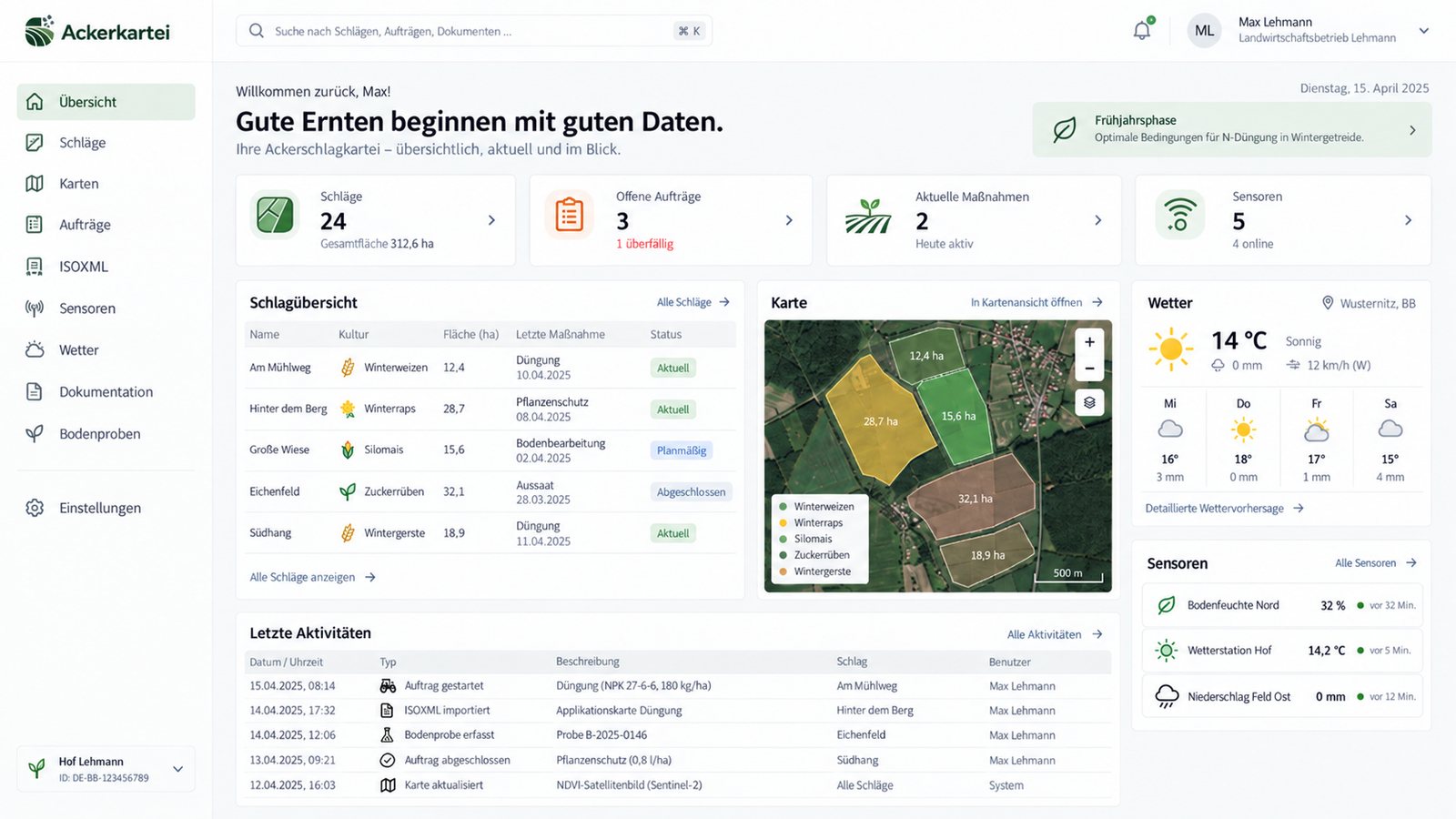 Ackerkartei Dashboard mit Schlagübersicht, Karte, Wetter und Sensordaten